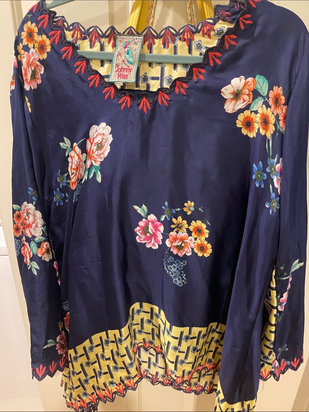 Johnny Was Navy Floral Silk Tunic with Yellow Border